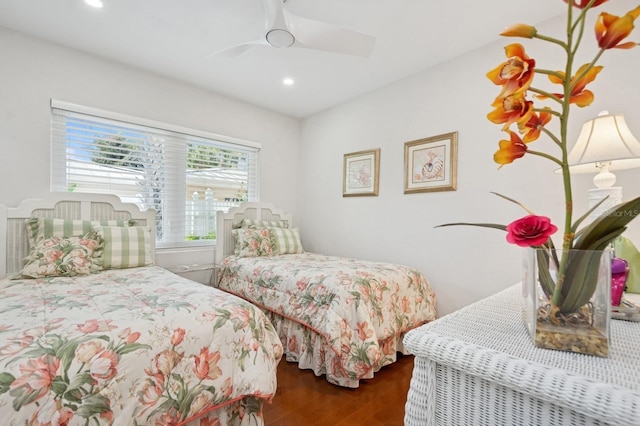 bedroom with recessed lighting, wood finished floors, and a ceiling fan