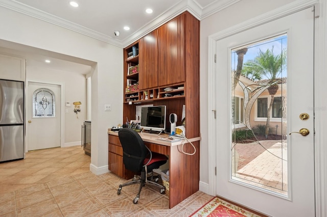 home office with baseboards, recessed lighting, and crown molding