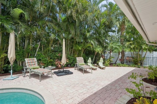 view of patio featuring fence and a fenced in pool