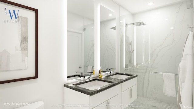 411 E Shore Dr Unit 202, Clearwater Beach, FL 33767 - full bath with double vanity, recessed lighting, a marble finish shower, and a sink