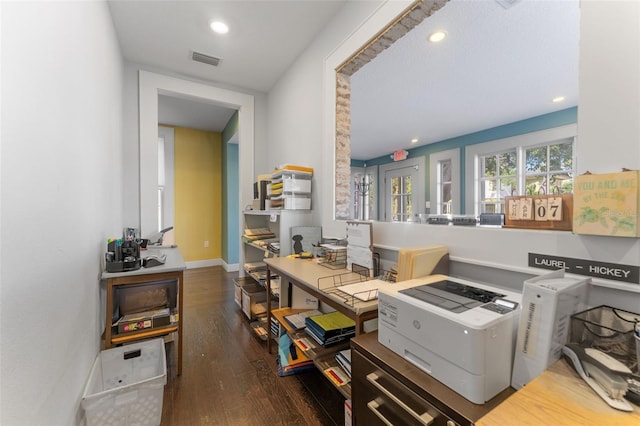 interior space with hardwood / wood-style floors, visible vents, baseboards, and recessed lighting