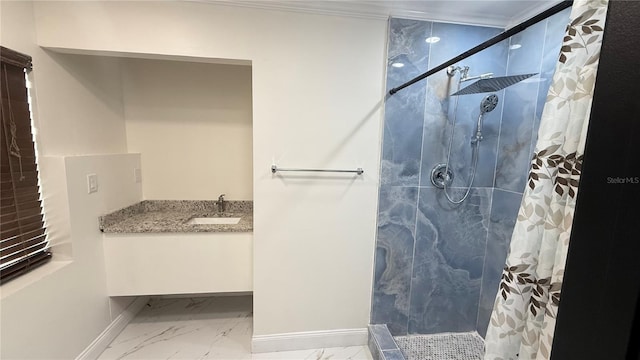 7017 Baywood Dr, Tampa, FL 33637 - bathroom featuring a tile shower, marble finish floor, baseboards, and vanity