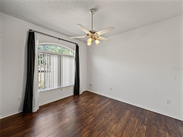 unfurnished room featuring hardwood / wood-style floors, baseboards, a ceiling fan, and a textured ceiling