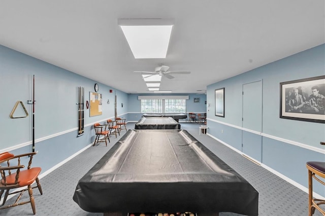 9335 Stonewall, New Port Richey, FL 34655 - rec room with carpet floors, pool table, a ceiling fan, and a skylight