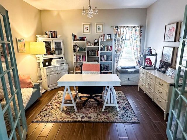 office featuring an inviting chandelier and dark wood-style flooring