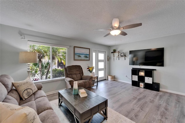 1349 New Bedford Dr Unit 6, Sun City Center, FL 33573 - living area featuring plenty of natural light, a textured ceiling, wood finished floors, a ceiling fan, and baseboards