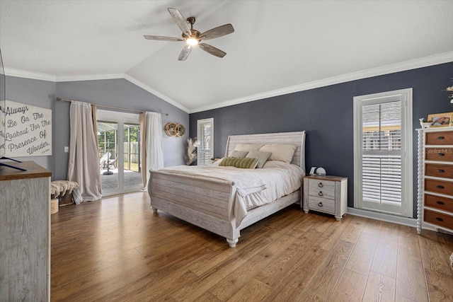 bedroom featuring crown molding, access to outside, a ceiling fan, wood finished floors, and lofted ceiling