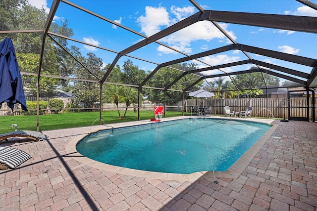 view of pool featuring a yard, a fenced in pool, a fenced backyard, and a patio area