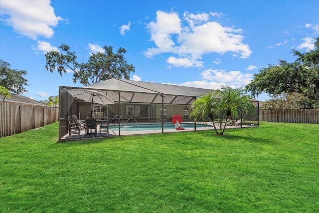 exterior space featuring a fenced backyard, a fenced in pool, a lawn, and a patio