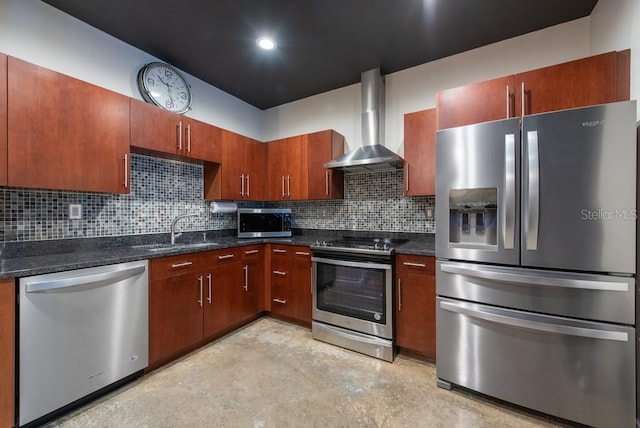 5008 S Macdill Ave Unit 10, Tampa, FL 33611 - kitchen featuring tasteful backsplash, a sink, concrete floors, stainless steel appliances, and wall chimney exhaust hood