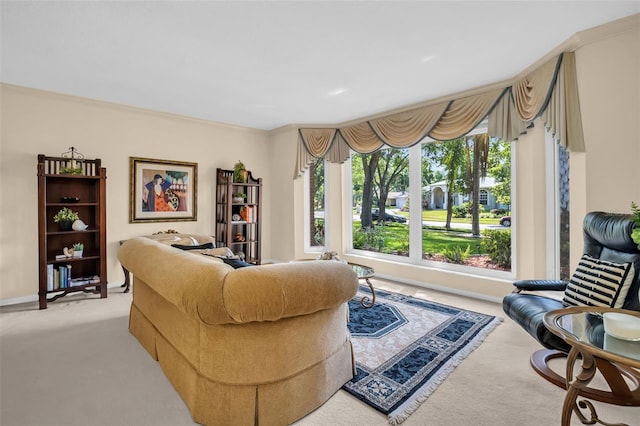 living room with crown molding and light colored carpet
