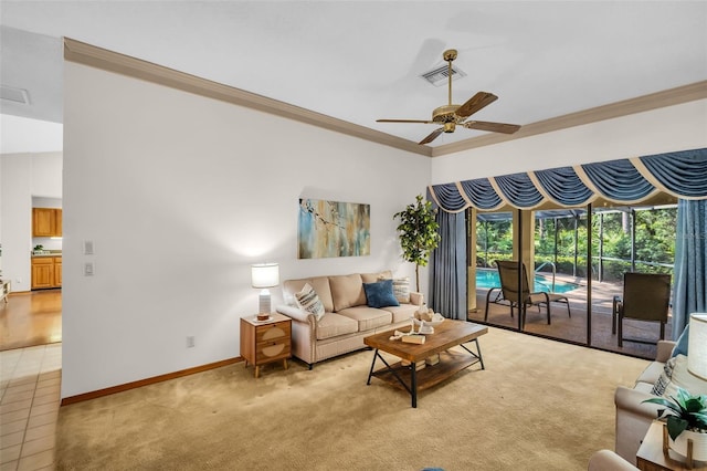 10 Greenhaven Cir, Oldsmar, FL 34677 - living room with ornamental molding, a ceiling fan, light colored carpet, and baseboards