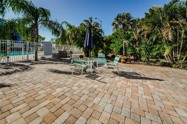 view of patio / terrace featuring fence and a community pool