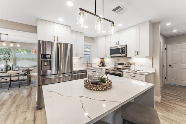 7494 7th St N, Saint Petersburg, FL 33702 - kitchen featuring white cabinets, appliances with stainless steel finishes, light stone counters, a sink, and visible vents
