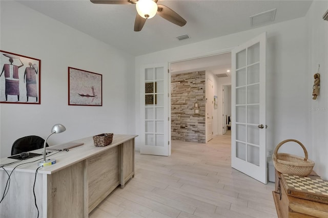 5814 Silver Sun Dr, Apollo Beach, FL 33572 - home office with french doors, light wood-type flooring, and a ceiling fan