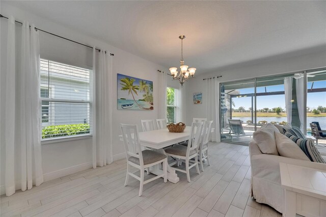 5814 Silver Sun Dr, Apollo Beach, FL 33572 - dining room with a chandelier, plenty of natural light, a water view, and light wood-style floors