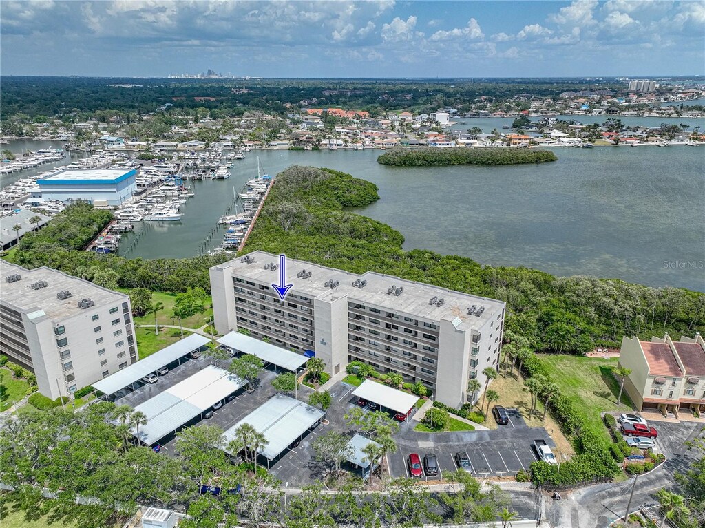 drone / aerial view featuring a water view