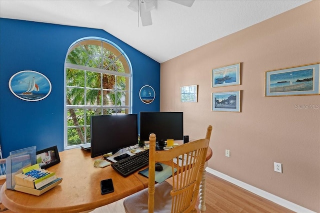 7235 Sharpsburg Blvd, New Port Richey, FL 34653 - office with baseboards, a ceiling fan, wood finished floors, and vaulted ceiling