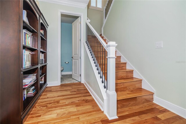 1432 Gopher Loop, Tarpon Springs, FL 34689 - staircase featuring wood finished floors, baseboards, and crown molding