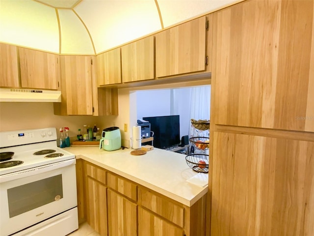 2643 Pine Ridge Way S Unit A1, Palm Harbor, FL 34684 - kitchen featuring light brown cabinetry, electric range, under cabinet range hood, light countertops, and a peninsula
