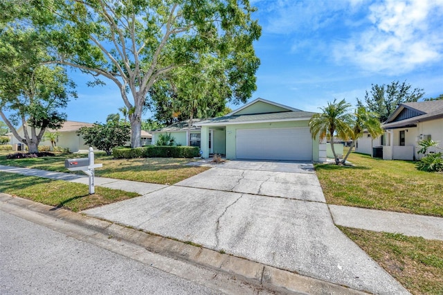 ranch-style home featuring an attached garage, concrete driveway, stucco siding, and a front lawn