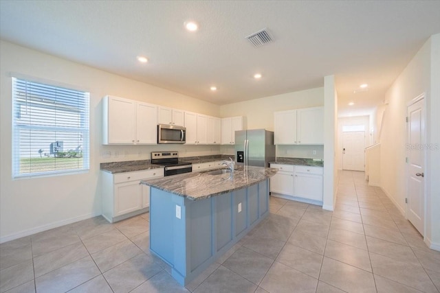 kitchen with white cabinets, a sink, dark stone countertops, stainless steel appliances, and visible vents