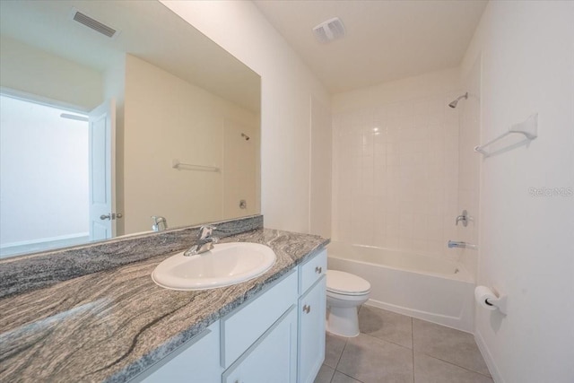 bathroom with shower / washtub combination, vanity, toilet, and visible vents
