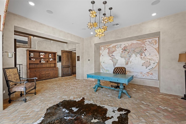 rec room featuring visible vents, recessed lighting, and brick floor