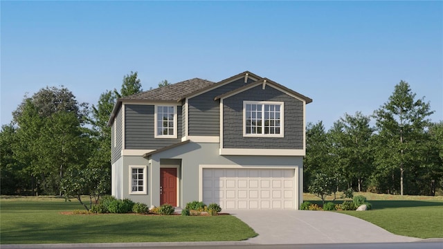 view of front of home with stucco siding, a front lawn, concrete driveway, and an attached garage