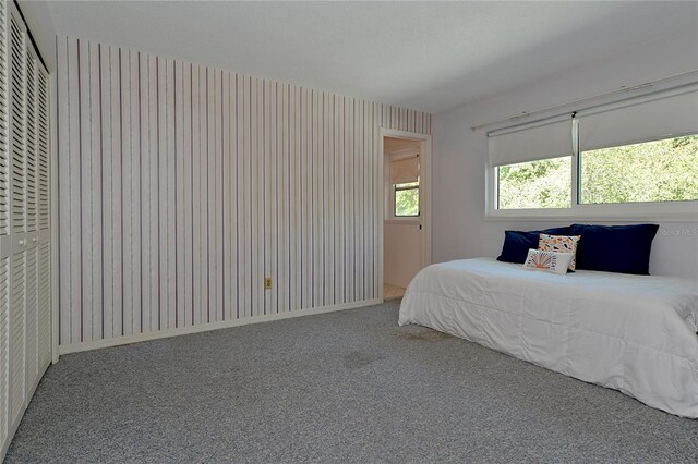 bedroom with carpet floors and wallpapered walls