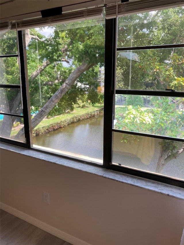 7951 58th Ave N Unit 308, Saint Petersburg, FL 33709 - detailed view of baseboards, wood finished floors, and a water view