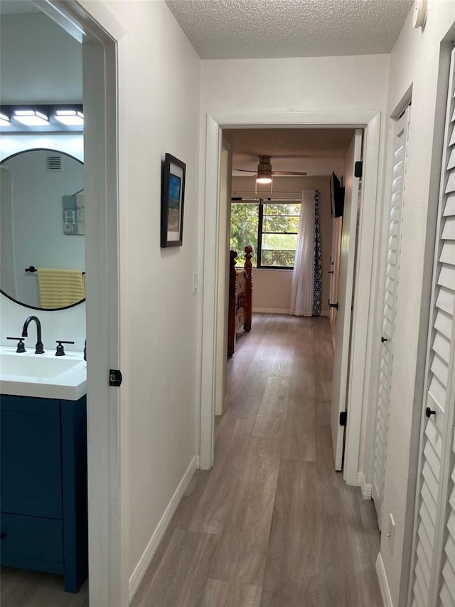 7951 58th Ave N Unit 308, Saint Petersburg, FL 33709 - corridor featuring wood finished floors, a sink, a textured ceiling, and baseboards