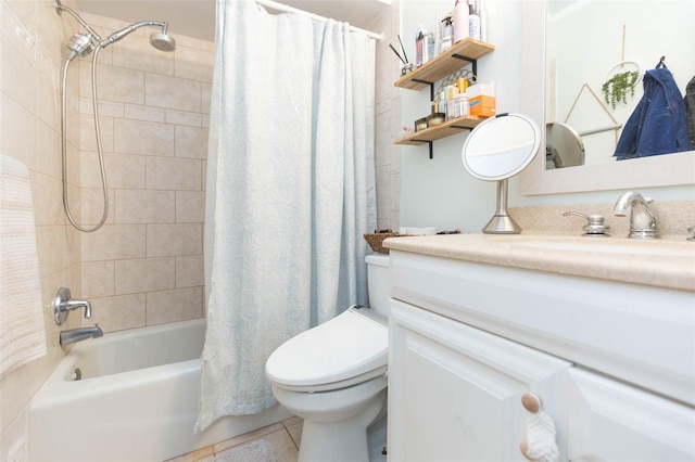 bathroom featuring vanity, tile patterned floors, shower / bath combo, and toilet