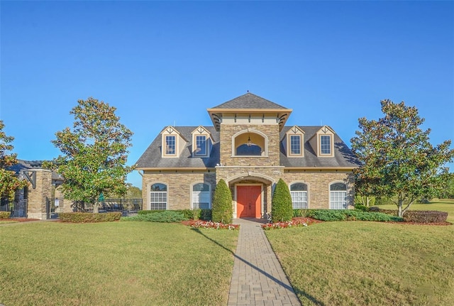 3315 Granite Ridge Loop, Land O Lakes, FL 34638 - french country style house featuring a front yard, stone siding, and fence
