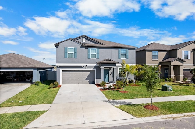 craftsman house featuring stucco siding, concrete driveway, a front yard, and an attached garage