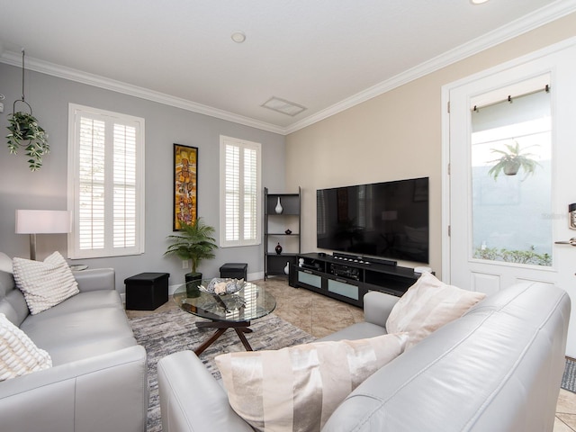 311 Vista Cruiser Ln, Oldsmar, FL 34677 - living area with crown molding, baseboards, and tile patterned floors