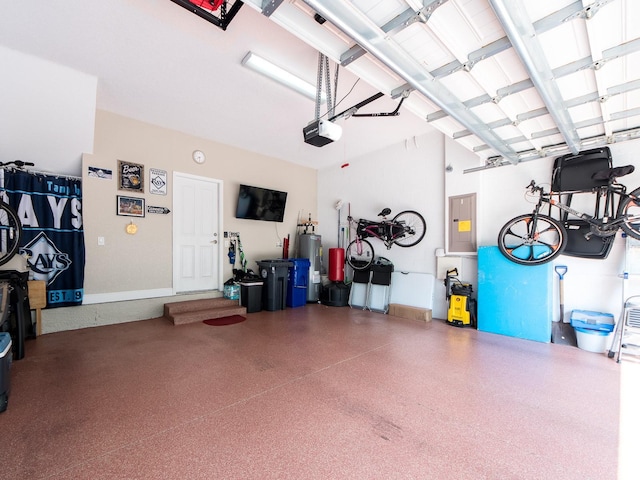 311 Vista Cruiser Ln, Oldsmar, FL 34677 - garage featuring electric panel, a garage door opener, and water heater