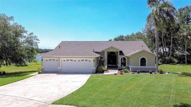 single story home with an attached garage, stucco siding, a front yard, and concrete driveway
