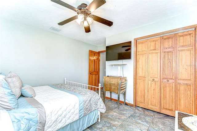 bedroom featuring a closet, a ceiling fan, and visible vents
