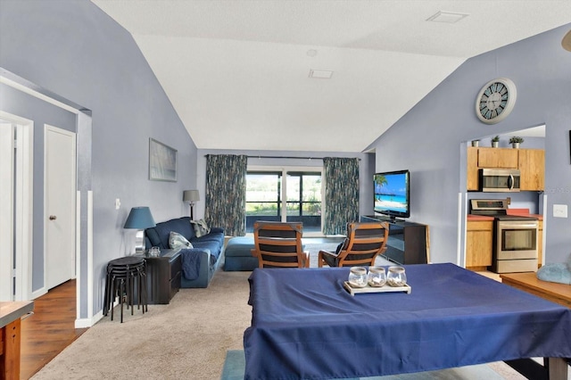 bedroom with baseboards, wood finished floors, and vaulted ceiling