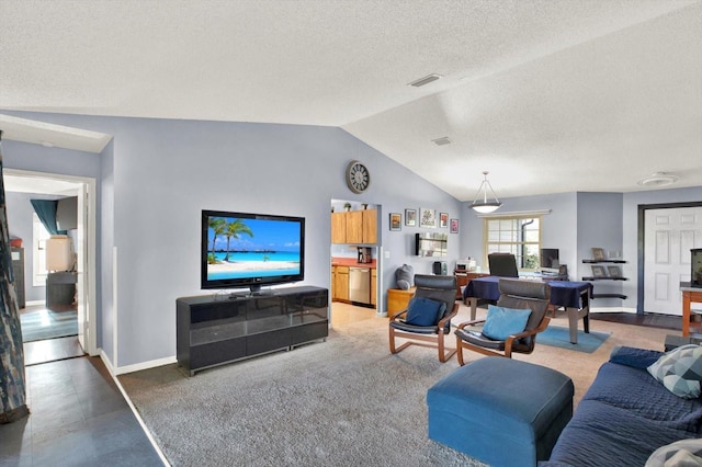 living room featuring a textured ceiling, vaulted ceiling, baseboards, and visible vents