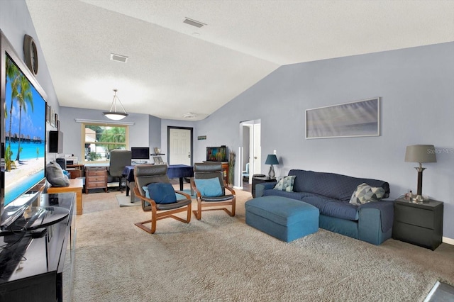 carpeted living room featuring vaulted ceiling and visible vents