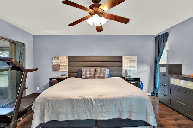 bedroom with multiple windows, dark wood-style floors, and ceiling fan