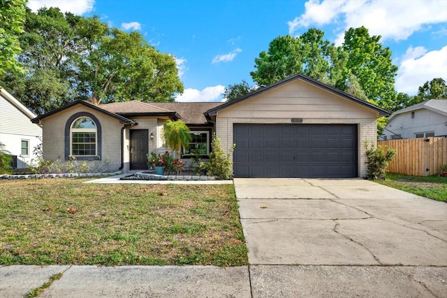 ranch-style home with a front yard, a garage, brick siding, fence, and concrete driveway