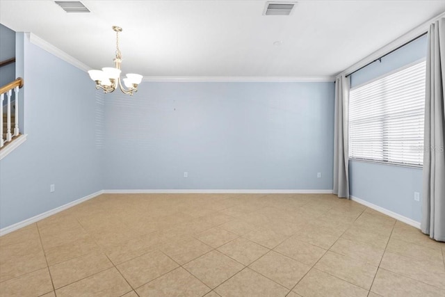 spare room with ornamental molding, stairs, a notable chandelier, and visible vents