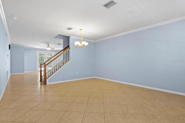 unfurnished room featuring visible vents, ceiling fan with notable chandelier, ornamental molding, and stairs
