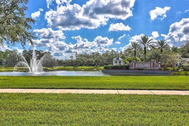 view of community with a water view and a yard