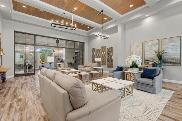 living room featuring baseboards, a notable chandelier, wooden ceiling, and wood finished floors