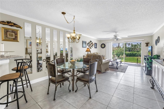 6011 Bahia Del Mar Blvd Unit 158, Saint Petersburg, FL 33715 - dining space featuring crown molding, a chandelier, a textured ceiling, ceiling fan, and light tile patterned floors