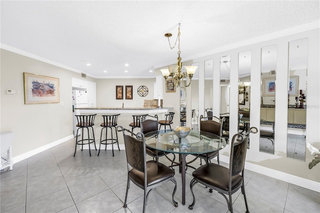 6011 Bahia Del Mar Blvd Unit 158, Saint Petersburg, FL 33715 - dining room with a chandelier, light tile patterned floors, crown molding, recessed lighting, and a textured ceiling